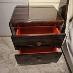 Striped Natural Wood Veneer Nightstand with Burl Top & Rose Gold Accents